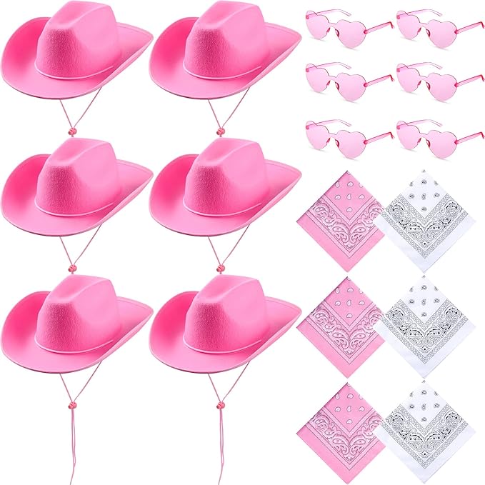 Photo 1 of 3 Sets Cowboy Hat Heart Shape Sunglasses and Cowboy Bandanas, Cowgirl Hat for Women and Men Halloween Costume Party (Pink, White, Simple Style
