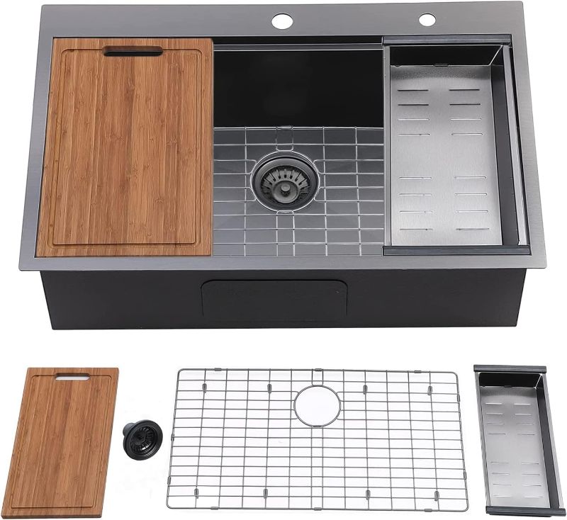 Photo 1 of 

Friho 33x22 Inch Workstation we Topmount Single Bowl Handmade Farmhouse Drop in Black Kitchen Sink, Black Stainless Steel Farm Sinks with Dish Grid,Dish...