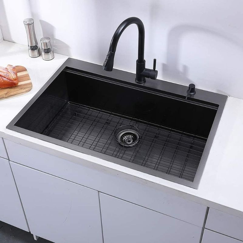 Photo 2 of 

Friho 33x22 Inch Workstation we Topmount Single Bowl Handmade Farmhouse Drop in Black Kitchen Sink, Black Stainless Steel Farm Sinks with Dish Grid,Dish...