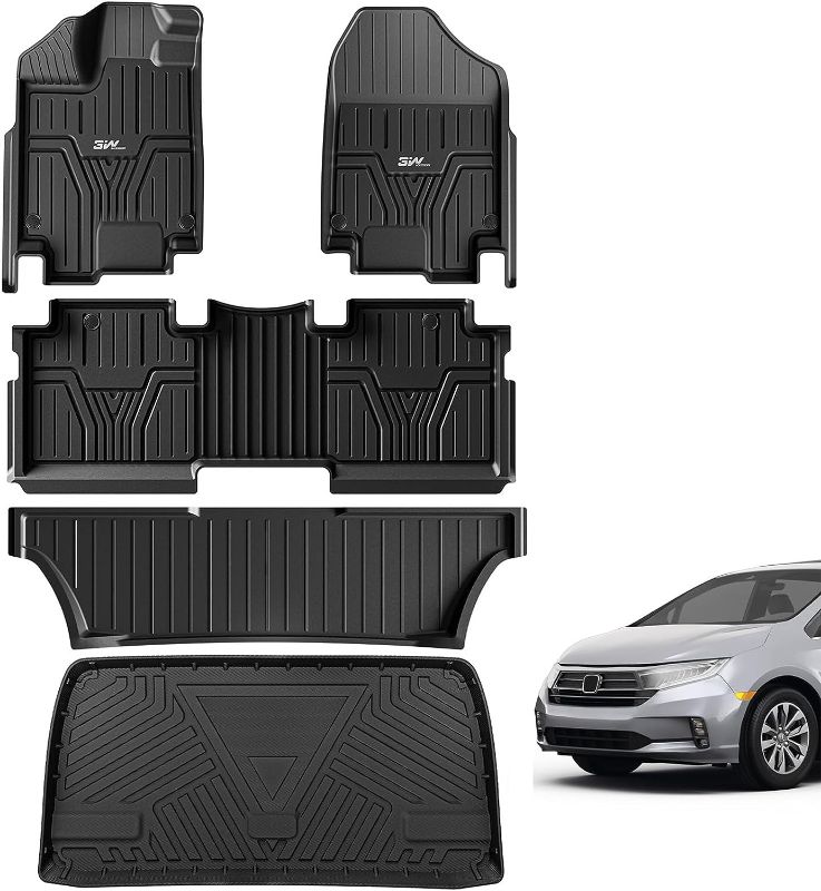 Photo 1 of 3W Floor Mats and Cargo Liner Fit for 2018-2024 Honda Odyssey Mini Passenger Van, TPE All Weather Custom Fit Floor Liner and Cargo Mats 1st 2nd and 3rd Rows Car Mats and Trunk Liner Black