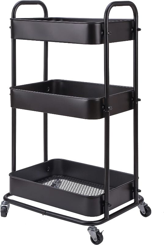 Photo 1 of 3-Tier Metal Rolling Utility Cart, Storage Trolley Cart with Mesh Baskets and Lockable Wheels for Bathroom Kitchen Office (Dark Black)