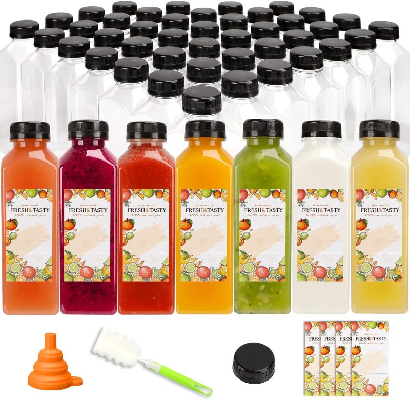 Photo 1 of *FUNNEL & BRUSH NOT INCLUDED* TOMNK 100pcs 16oz Plastic Juice Bottles with Black Caps Empty Reusable Clear Bottles with Label for Juicing, Smoothies, Tea, Milk, Drinking, Beverages

