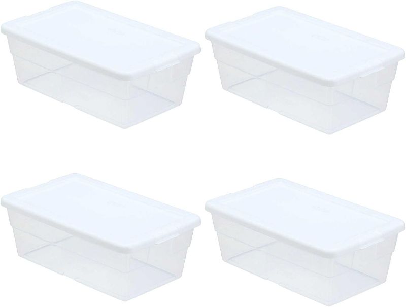 Photo 1 of 4 Pack Sterilite 6 Quart Clear Plastic Stacking Storage Container Tote with White Lid for Garage, Kitchen, and Closet Organization