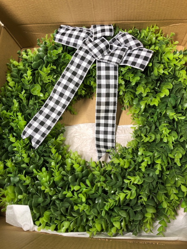 Photo 3 of 23" Faux Round Boxwood Wreath, Vlorart Artificial Boxwood Wreath Front Door Wreaths Artificial Spring Summer Greenery Hanging with A Plaid Bow for Front Door Wall Hanging Window Wedding Party Decor 23inch