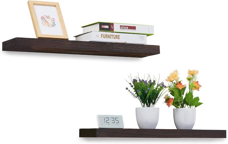 Photo 1 of 2 Pack 24" Solid Cedar Wood Floating Shelves, Brushed Finish, Wall Mounted for Home Living Room Bathroom 2-PACK-24IN Espresso Color