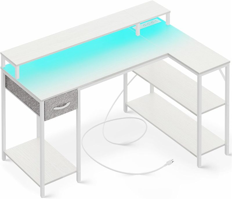 Photo 1 of **See Notes**SUPERJARE L Shaped Computer Desk with Power Outlets & LED Lights, Gaming Desk with Monitor Stand & Storage Shelf, Home Office Desk Corner Desk with Hooks, White
