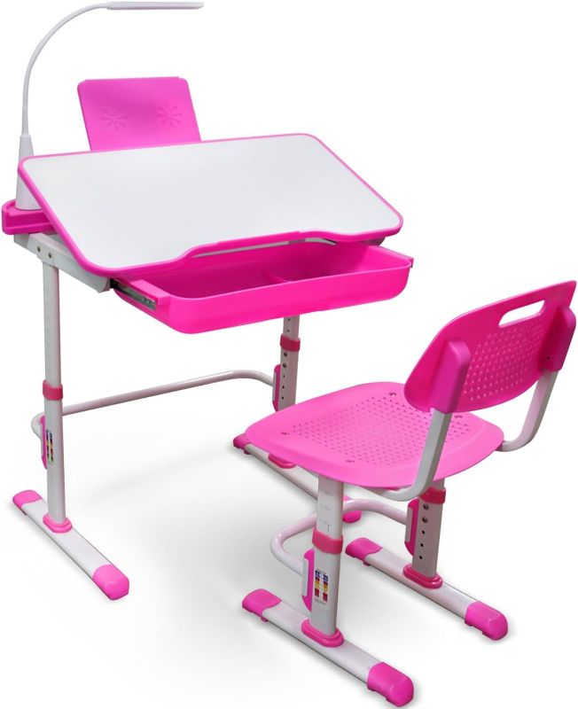 Photo 1 of Yinleader Kids Desk and Chair Set,Height Adjustable,Spacious Storage Drawer,with Adjustable Tilted Desktop, Bookstand, Touch Led Lamp for School Student(Pink)