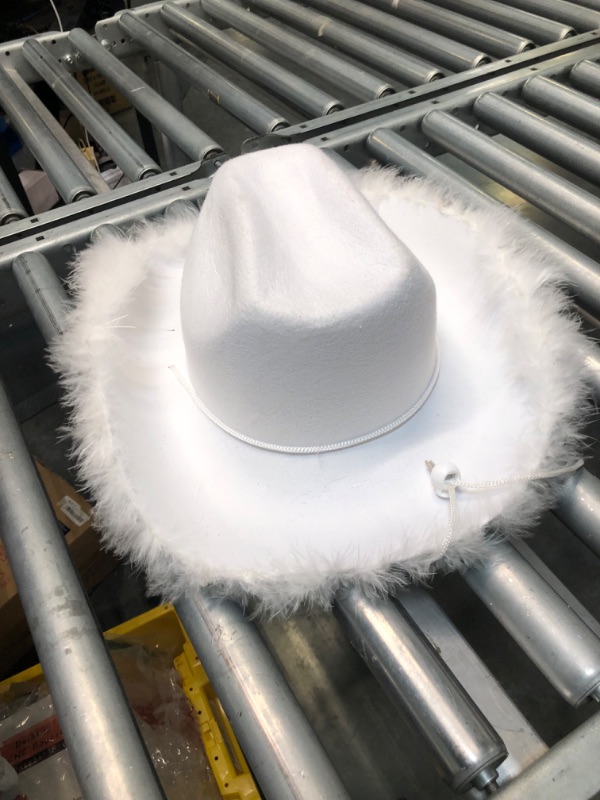 Photo 1 of Cowboy Hats for Women,White Pink Cowgirl Hat with Fluffy Feather Trim,Cow Girl Hat Costume Party Play Dress Up
