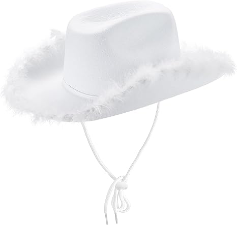 Photo 1 of Cowboy Hats for Women,White Pink Cowgirl Hat with Fluffy Feather Trim,Cow Girl Hat Costume Party Play Dress Up

