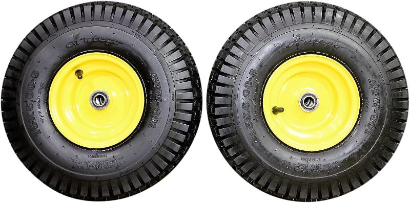 Photo 1 of  Tire & Wheel Set of 2-15x6.00-6 Tires & Wheels Assembly for Lawn & Garden Mowers, 4 Ply Turf Tires with .75" Precision Bearings, John Deere Yellow
