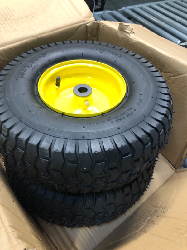 Photo 3 of  Tire & Wheel Set of 2-15x6.00-6 Tires & Wheels Assembly for Lawn & Garden Mowers, 4 Ply Turf Tires with .75" Precision Bearings, John Deere Yellow
