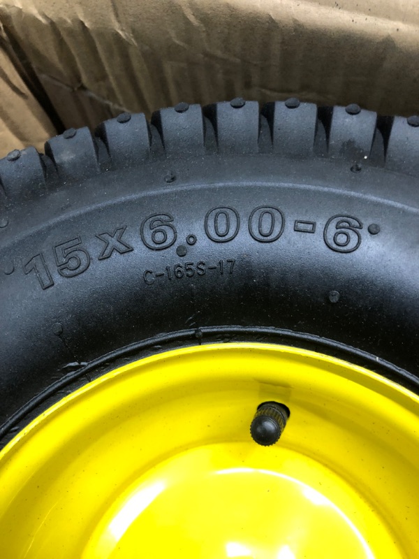 Photo 4 of  Tire & Wheel Set of 2-15x6.00-6 Tires & Wheels Assembly for Lawn & Garden Mowers, 4 Ply Turf Tires with .75" Precision Bearings, John Deere Yellow
