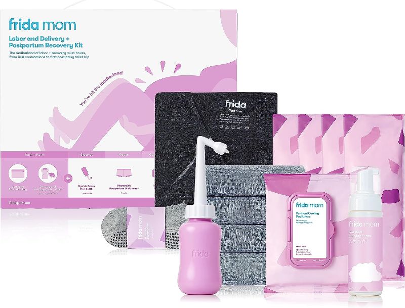 Photo 1 of Frida Mom Hospital Packing Kit for Labor, Delivery, & Postpartum | Nursing Gown, Socks, Peri Bottle, Disposable Underwear, Ice Maxi Pads, Pad Liners, Perineal Foam, Toiletry Bag (15 PIECE GIFT SET)