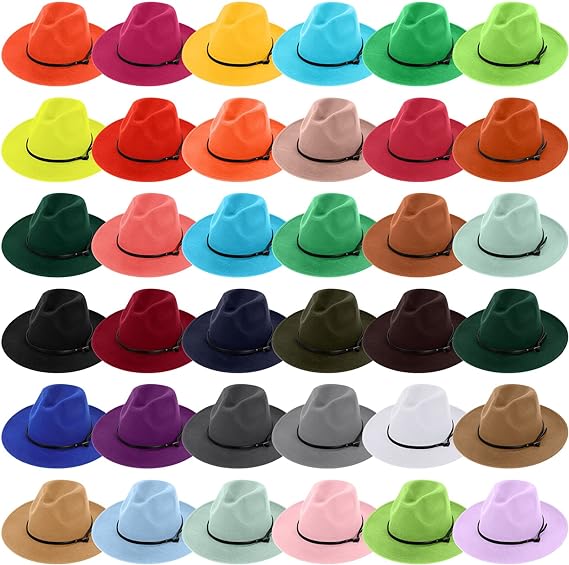 Photo 1 of Janmercy 36 Pcs Classic Large Brim Fedora Hat for Women Bulk Adjustable Felt Panama Hat with Belt Buckle Vintage Wool Large Brim Hat, Assorted Colors
