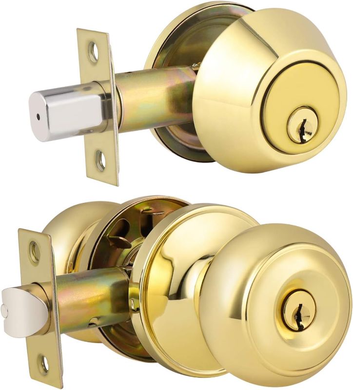 Photo 1 of 1 Pack Keyed Alike Entry Door Knob and Single Cylinder Deadbolt Lock Combo Set, Front Door Entry Knobs Lockset and Deadbolt Combination Set, Keyed Entry Knobset with Same Keys, Polished Brass