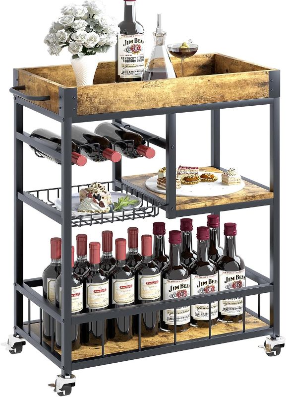 Photo 1 of aboxoo Bar Cart Wine Glass 3 with Basket Tier Home Rolling Rack with Wheels Mobile Kitchen Industrial Vintage Style Wood Metal Serving Trolley Serving Cart,Glass Holder Bar Cabinet With Basket Brown