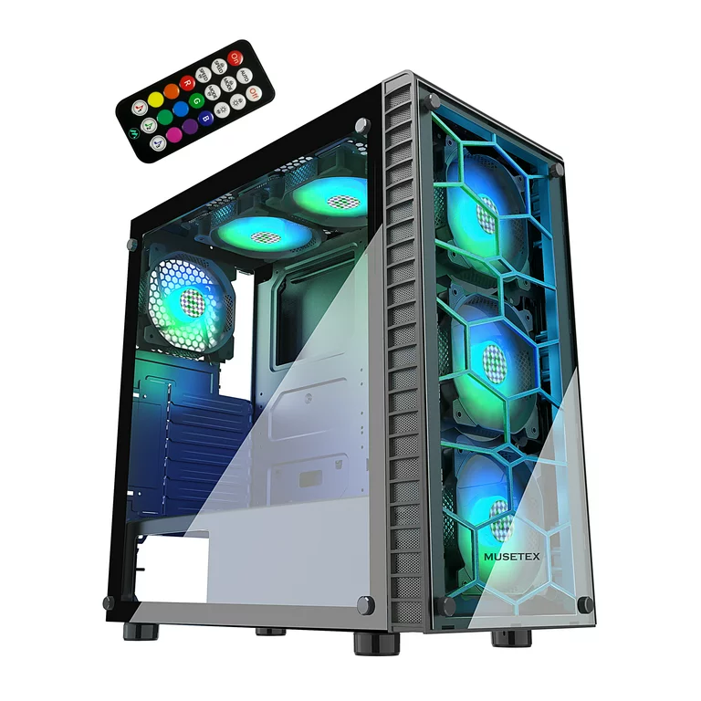 Photo 1 of MUSETEX ATX PC Case with 6 Pcs 120mm ARGB Fans, Mid-Tower Gaming PC Case, Tempered Glass Computer Chassis, USB 3.0, MN6-B, Black
