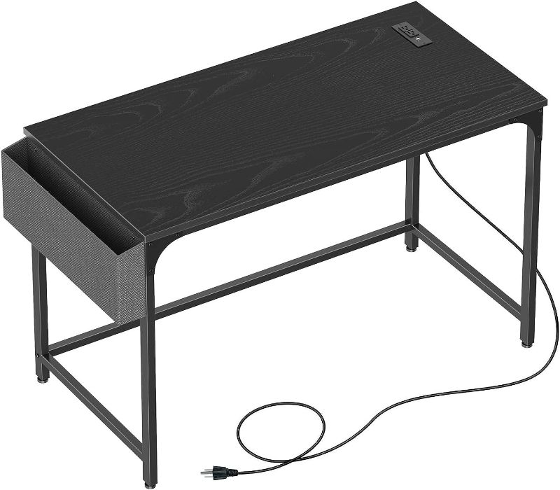 Photo 1 of Rolanstar Computer Desk with Power Outlet, Home Office PC Desk with USB Ports Charging Station, 39" Desktop Table with Side Storage Bag and Iron Hooks, Stable Metal Frame Workstation, Black
