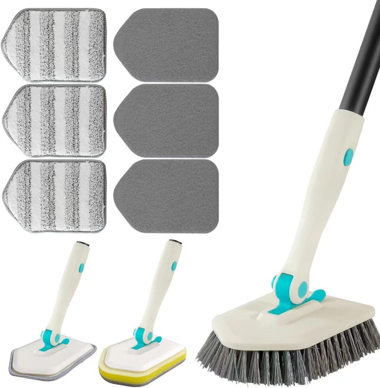 Photo 1 of 3 in 1 Scrub Cleaning Brush with Long Handle 51'' - Shower Bathtub Tub & Tile Scrubber Brush Include 1 Stiff Brush Head & 3 Scouring Pads & 3 Microfiber Clothes, for Wall Bathroom Glass Bathtub(White)