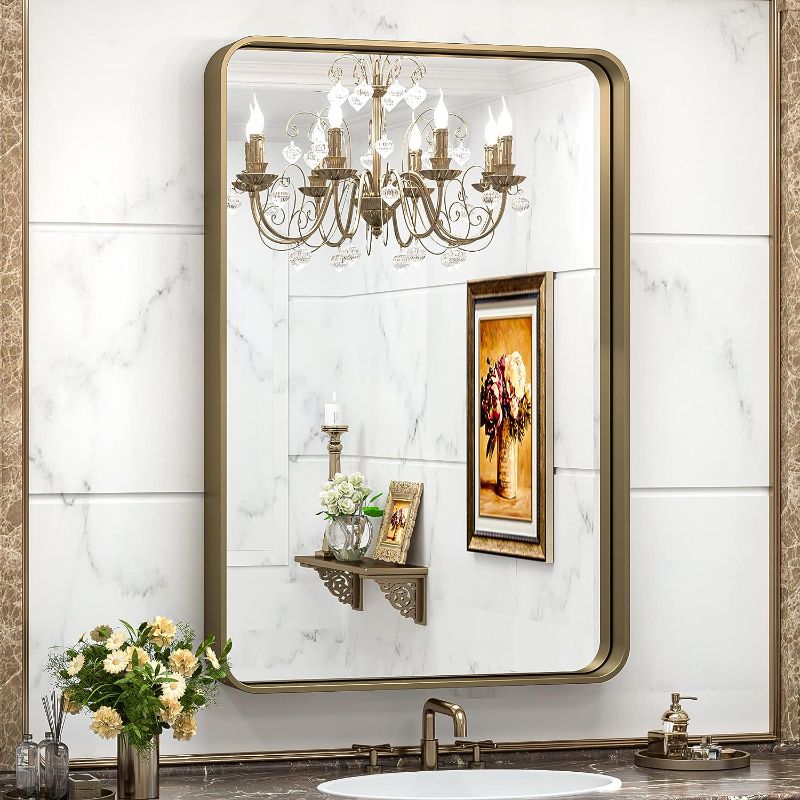 Photo 1 of  24x 36 Inch Wall Mirror Brown Bathroom Vanity Mirror with Metal Frame Aluminum Alloy Soft Rounded Corner for Modern Farmhouse Wall Decor 1”Deep Set Design (Horizontal/Vertical)