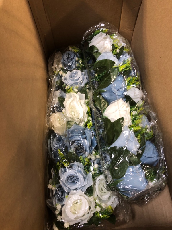 Photo 3 of  Flower Wedding Centerpieces for Tables - 2 Pcs 19.6in Long Dusty Blue Artificial Flower Arrangement for Dining Table Centerpiece- Fake Rose Arrangements for Weddings Birthday Party Decor
