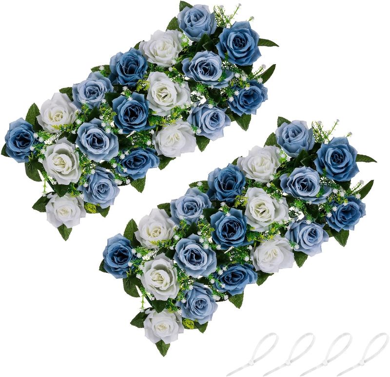 Photo 1 of  Flower Wedding Centerpieces for Tables - 2 Pcs 19.6in Long Dusty Blue Artificial Flower Arrangement for Dining Table Centerpiece- Fake Rose Arrangements for Weddings Birthday Party Decor
