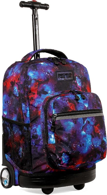 Photo 1 of J World New York Sunrise Kids Rolling Backpack for Girls Boys Teen. Roller Bookbag with Wheels, Galaxy, 18"
