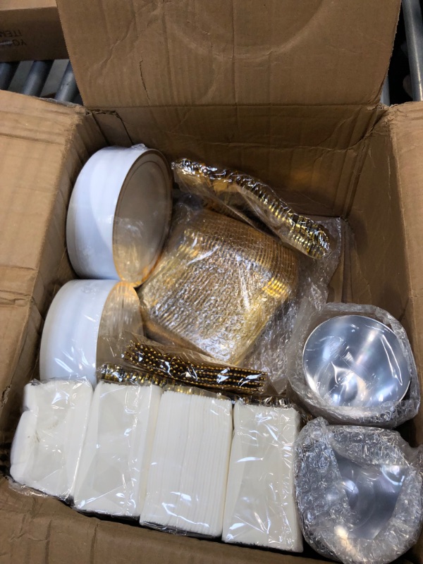 Photo 4 of 700 Piece Gold Dinnerware Set for 100 Guests, Plastic Plates Disposable for Party, Include: 100 Gold Rim Dinner Plates, 100 Dessert Plates, 100 Paper Napkins, 100 Cups, 100 Gold Plastic Silverware Set