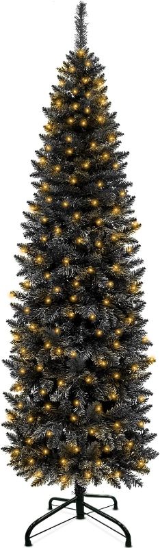 Photo 1 of 6.5 Ft Prelit Halloween Christmas Black Tree Decoration 250 LED Warm Lights Plug in 826 Branch Tips Hinged Slim Pencil Xmas Tree Metal Stand Halloween Decor Indoor Outdoor Home Holiday (Black)
