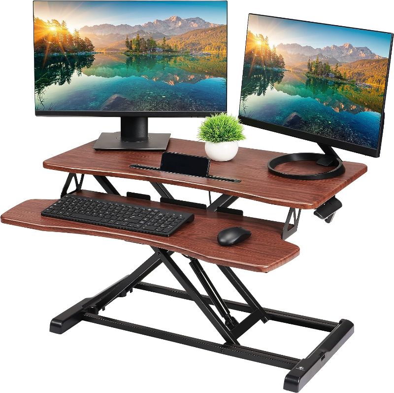 Photo 1 of TechOrbits Standing Desk Converter - 37 Inch Adjustable Sit to Stand Up Desk Workstation, MDF Wood, Ergonomic Desk Riser with Keyboard Tray, Desktop Riser for Home Office Laptop, Wood Brown 37"