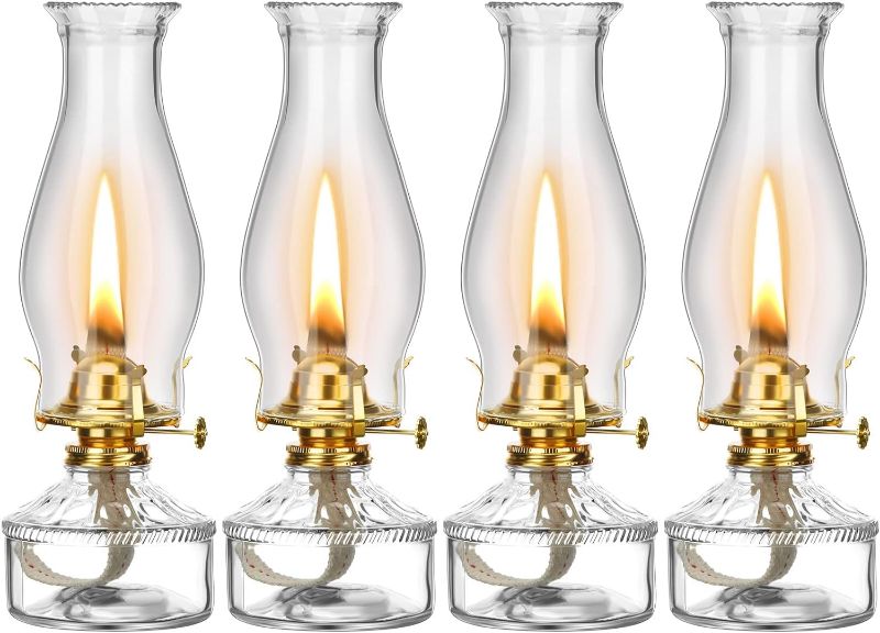 Photo 2 of 4 Pieces Oil Lamps, Vintage Glass Kerosene Lamp Oil Lantern, Classic Chamber Hurricane Lamps Decorative Oil Lamp for Indoor Use Home Tabletop Decor and Emergency Lighting, 12.4 Inches Height