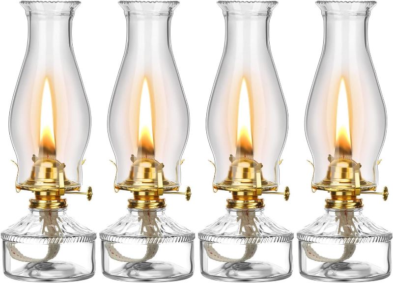 Photo 1 of 4 Pieces Oil Lamps, Vintage Glass Kerosene Lamp Oil Lantern, Classic Chamber Hurricane Lamps Decorative Oil Lamp for Indoor Use Home Tabletop Decor and Emergency Lighting, 12.4 Inches Height