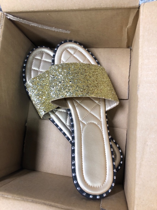 Photo 3 of PICNICFUN Women's Open Toe Flat Sandals Rhinestone Glitter On Casual Fashion Slippers Quick Drying Indoor & Outdoor Slides size 42 Narrow Gold