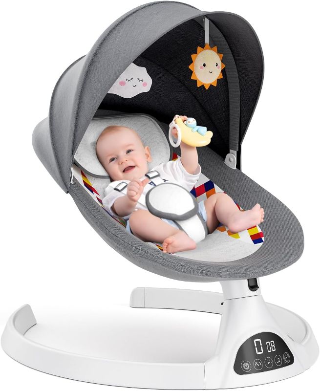 Photo 1 of Ixdregan Baby Swing - 5 Sway Speeds Baby Swings for Infants with 12 Preset Lullabies and Bluetooth, Portable Baby Rocker Soft and Safe Fabrics, 3 Timer Settings, Remote Control, for Baby 5-20Lb, Grey