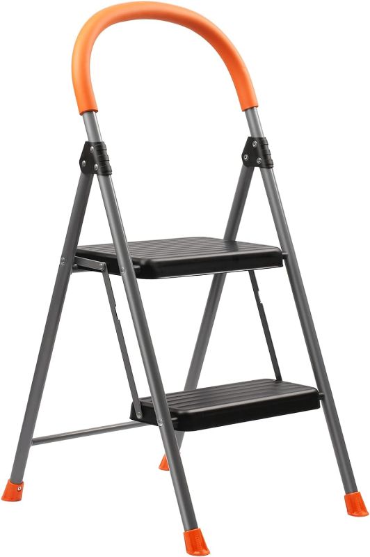 Photo 1 of 2 Step Ladder, Folding Metal Step Stool for Adults, Portable Steel Foldable Step Ladder for Heavy Duty, Wide Anti-Slip Pedal, Lightweight and Sturdy