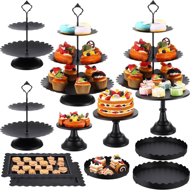 Photo 1 of 10 Pcs Black Cake Stand Set Metal Dessert Treat Halloween Table Display Plate Tower Tiered Cupcake Holder Candy Fruit Serving Tray with Multiple Combination Styles for Wedding Christmas Party Decor