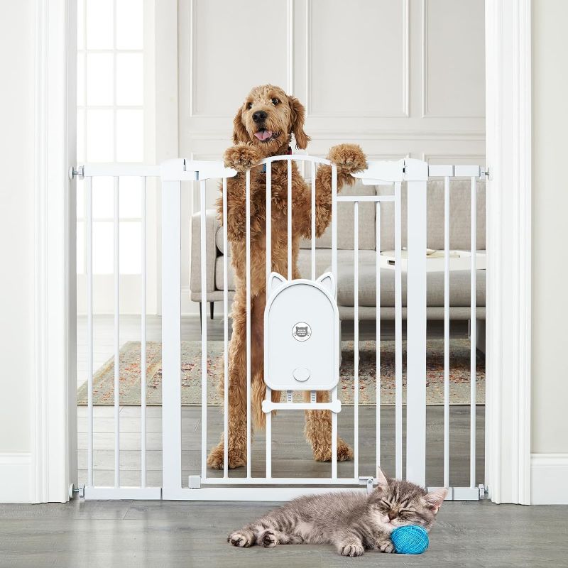Photo 2 of Cumbor 36" Extra Tall Durable Baby Gate with Cat Door, 29.7-46" Auto Close Dog Gates for Doorways, Stairs, Easy Walk Through Pressure Mounted Safety Gate with Adjustable Small Pet Door, White