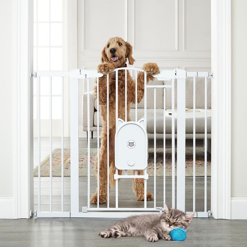 Photo 1 of Cumbor 36" Extra Tall Durable Baby Gate with Cat Door, 29.7-46" Auto Close Dog Gates for Doorways, Stairs, Easy Walk Through Pressure Mounted Safety Gate with Adjustable Small Pet Door, White