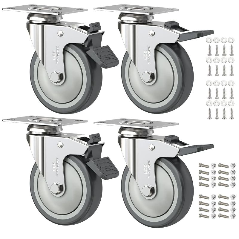 Photo 1 of 4 Inch Caster Wheels Set of 4 Heavy Duty Plate Swivel Casters with Brake Dual Locking Castors No Noise TPR Rubber Wheel for Furniture Workbench Cart Equipment Bookshelves 880Lbs(Free Hardware Kits)