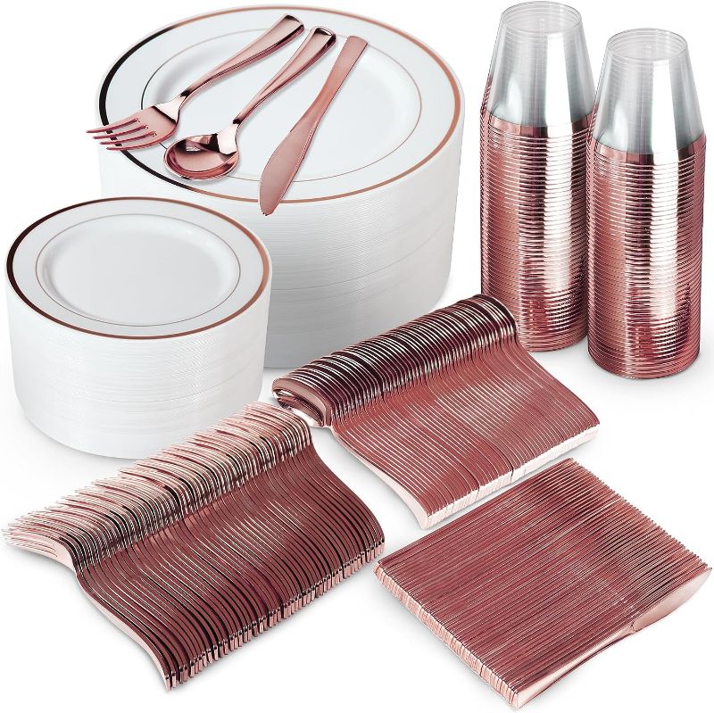 Photo 1 of 600 Piece Rose Gold Dinnerware Set - 200 White and Rose Gold Plastic Plates - Set of 300 Rose Gold Plastic Silverware - 100 Plastic Cups - Disposable Rose Gold Dinnerware Set for Party - 100 Guests
