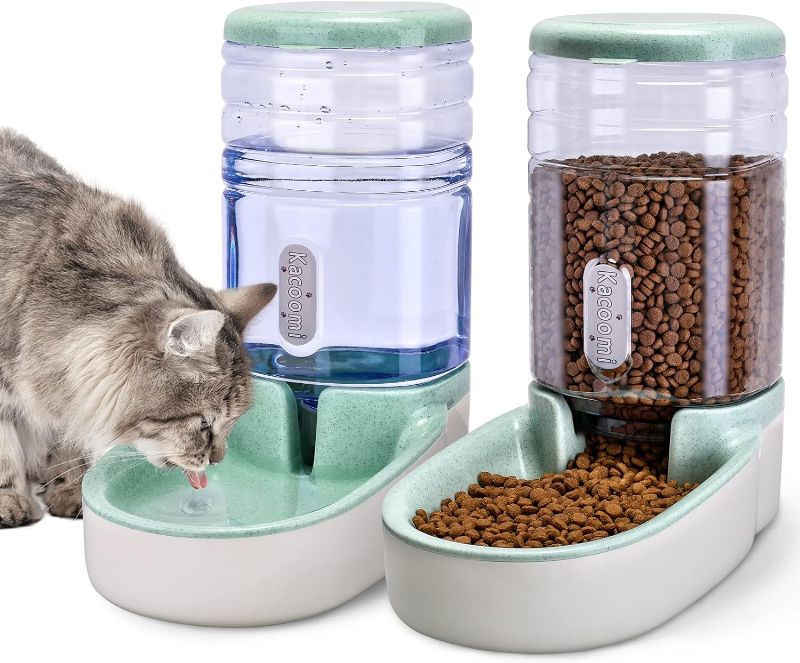 Photo 1 of Automatic Dog Cat Feeder and Water Dispenser Gravity Food Feeder and Waterer Set with Pet Food Bowl for Small Medium Dog Puppy Kitten, Large Capacity 1 Gallon x 2
