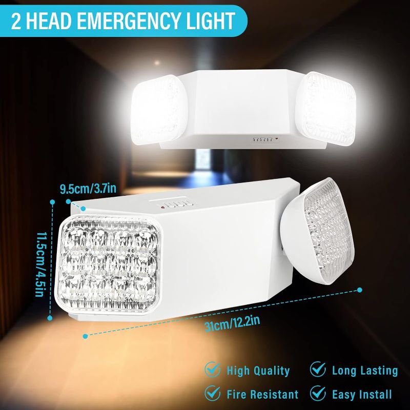 Photo 4 of ROCEEI 12 Pack Emergency Lights Commercial Emergency LED Flood Lights Backup Battery Emergency Exit Lighting Fixtures 2 LED Head Wall Mount White for Hallways Stairways (Plug in Style)