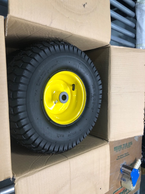 Photo 2 of (2 Pack) AR-PRO Exact Replacement 15" x 6.00 - 6" Front Tire and Wheel Assemblies for John Deere Riding Mowers - Compatible with John Deere 100 and D100 Series - 3” Hub Offset and 3/4” Bushings 15" x 6.00-6" Yellow