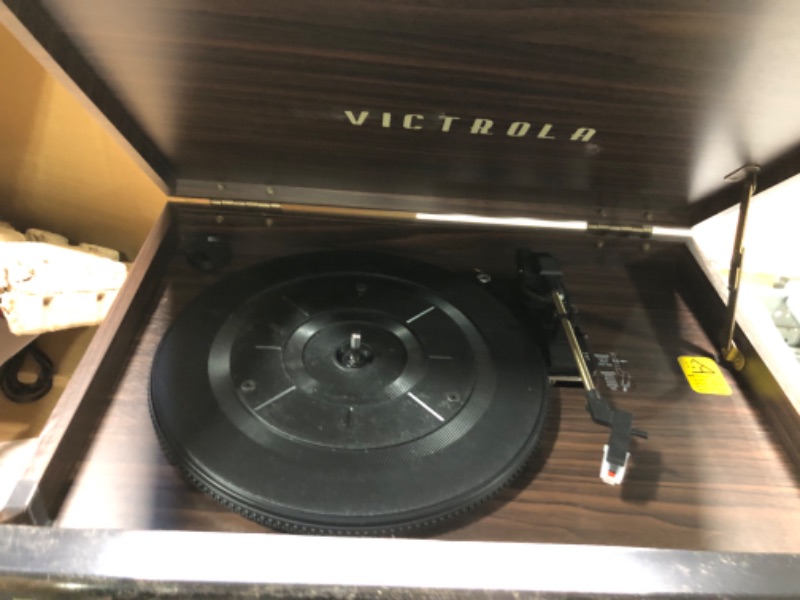 Photo 4 of Victrola Empire Mid-Century 6-in-1 Turntable with 3 Speed Record Player, Bluetooth Connectivity, Radio, Cassette and CD Player (Espresso) Espresso Record Player