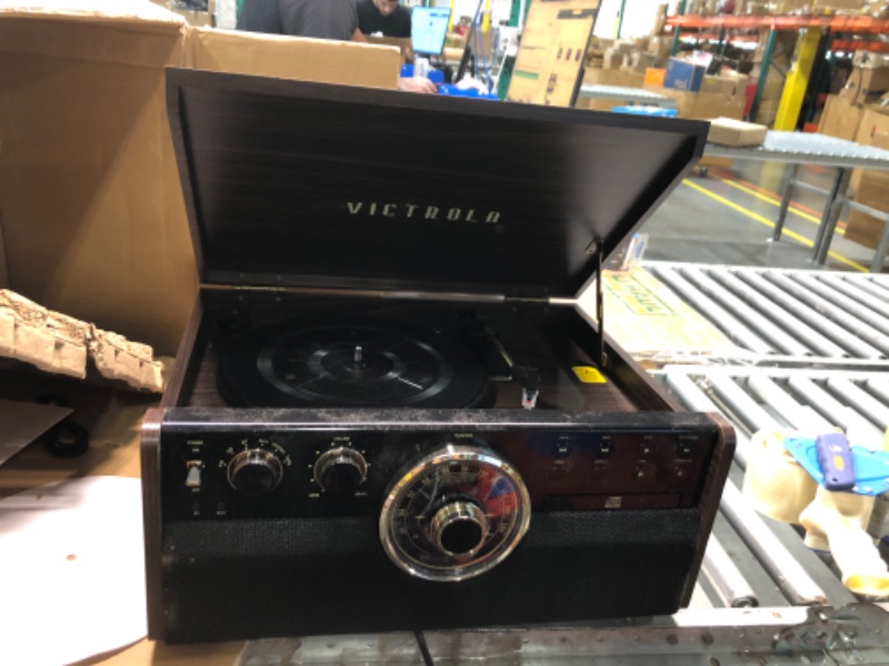 Photo 3 of Victrola Empire Mid-Century 6-in-1 Turntable with 3 Speed Record Player, Bluetooth Connectivity, Radio, Cassette and CD Player (Espresso) Espresso Record Player