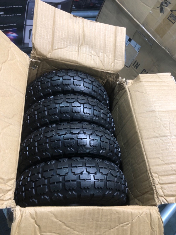 Photo 2 of 4 Pcs 10" Flat Free Tires Solid Non-inflated Tires Wheels, 4.10/3.50-4 Tire with 5/8 Ball Bearings, 2.24" Offset Hub for Wheelbarrow, Garden Wagon Carts, Trolley, Hand Truck, Various Tool Carts 4Pcs 10In 4.10/3.50-4