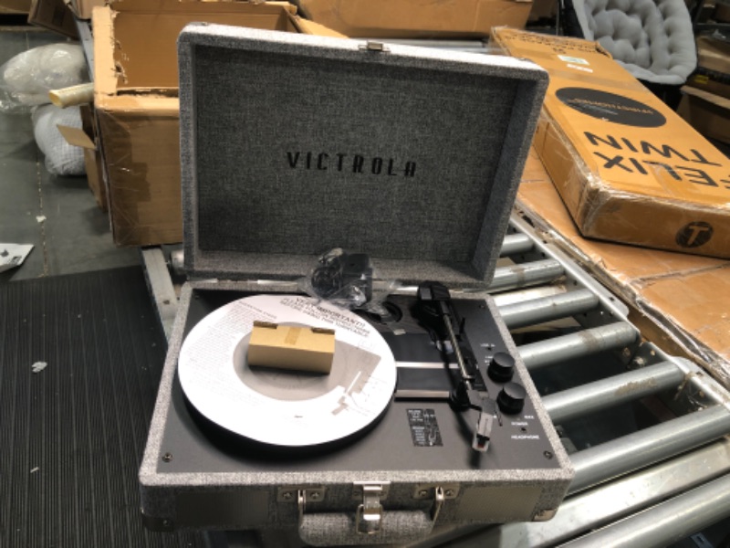 Photo 2 of Victrola Vintage 3-Speed Bluetooth Portable Suitcase Record Player with Built-in Speakers | Upgraded Turntable Audio Sound| Includes Extra Stylus | Light Gray