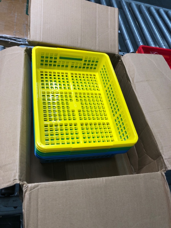 Photo 2 of Podzly Colored Storage Bins - Set of 6 Stackable Rainbow Rectangle Baskets for Teacher or Student Paper Trays, Classroom Library, Toy Cubby, Desk and Office Table Organization (13 x 9.75 x 3 Inches)