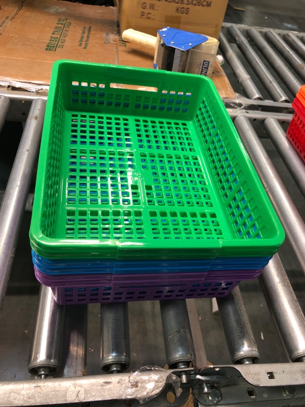 Photo 2 of Podzly Colored Storage Bins - Set of 6 Stackable Rainbow Rectangle Baskets for Teacher or Student Paper Trays, Classroom Library, Toy Cubby, Desk and Office Table Organization (13 x 9.75 x 3 Inches)