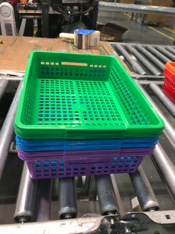 Photo 2 of Podzly Colored Storage Bins - Set of 6 Stackable Rainbow Rectangle Baskets for Teacher or Student Paper Trays, Classroom Library, Toy Cubby, Desk and Office Table Organization (13 x 9.75 x 3 Inches)